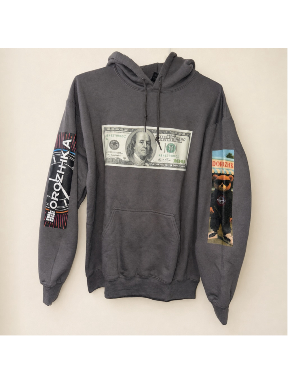 Dorozhka Money Teddy Bear Graphic Pullover Hoodie Gray Medium